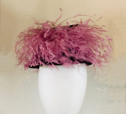 Black Velvet Stovepipe-Style Hat With Pink Feathers and Hatbox - Hat; Hatbox