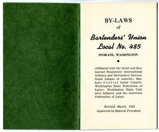 By-Laws of Bartenders' Union Local No. 485, Spokane, Washington, Inside Cover Page - Page