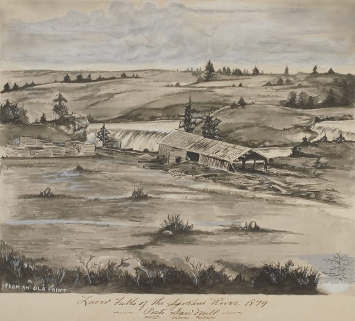 Lower Falls of the Spokane River, Sawmill 1879 - Drawing