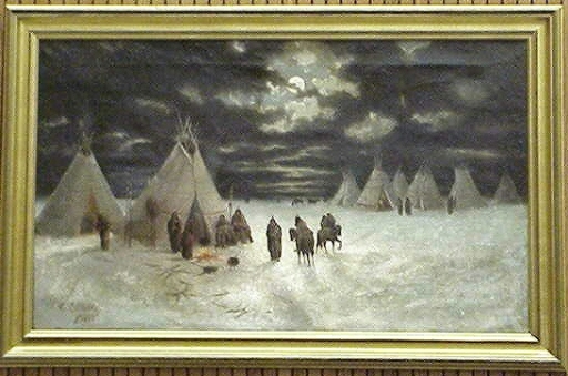Moonlit Camp OR Indian tipis in winter under a clouded moon - Painting