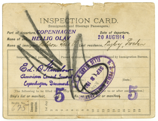 Iris Nilsson's Inspection Card, August 20, 1914 - Card, Documentary