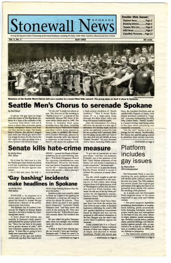 Stonewall News Spokane, Volume 1, Issue 1, page 1 - Newspaper