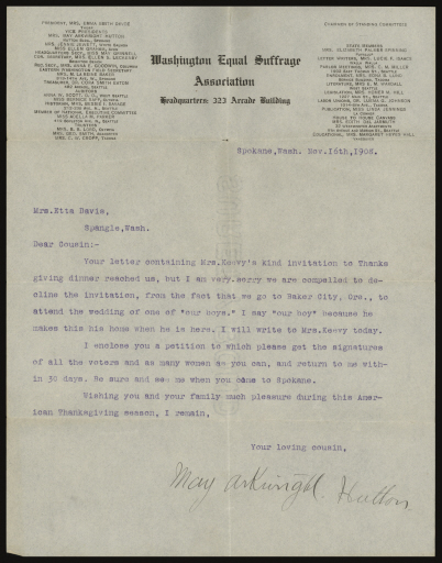 Letter, May Arkwright Hutton to Mrs. Etta Davis, November 16, 1908 - Letter