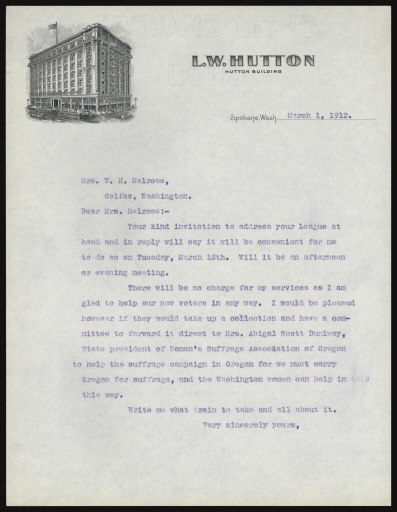 Letter, May Arkwright Hutton to Mrs. W.H. Melrose, March 1, 1912 - Letter