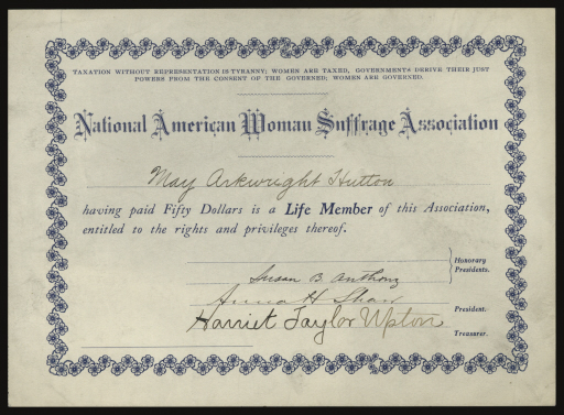 May Arkwright Hutton's National American Woman Suffrage Association Membership Certificate - Certificate