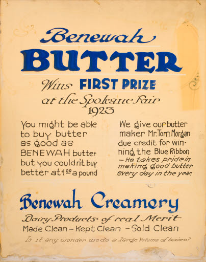 Benewah Butter Wins First Prize at the Spokane Fair 1923 - Sign, Advertising