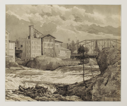 Spokane City - Looking Upriver - Middle Falls (Below Howard) - Drawing