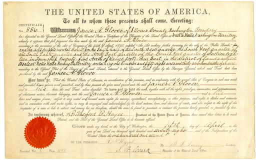 James Glover's Homestead Certificate - Certificate