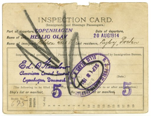 Iris Nilsson's Inspection Card, August 20, 1914