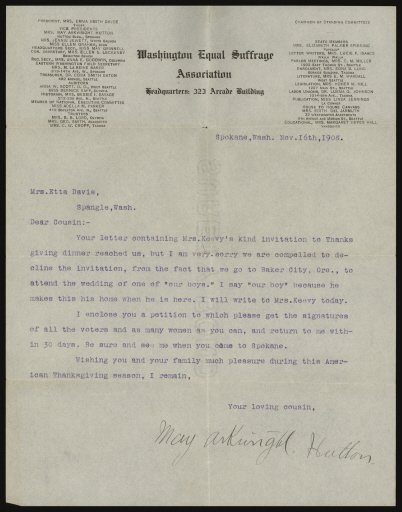 Letter, May Arkwright Hutton to Mrs. Etta Davis, November 16, 1908