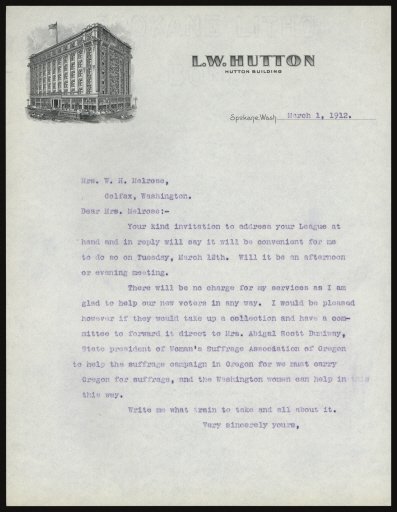 Letter, May Arkwright Hutton to Mrs. W.H. Melrose, March 1, 1912
