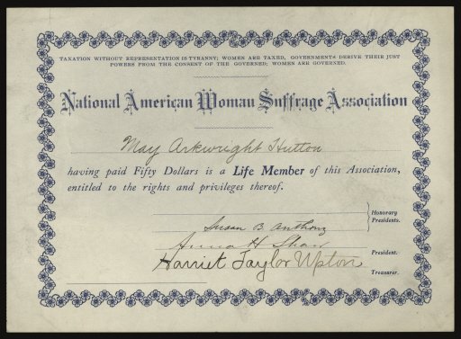 May Arkwright Hutton's National American Woman Suffrage Association Membership Certificate