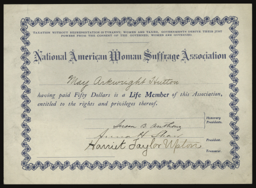 May Arkwright Hutton's National American Woman Suffrage Association Membership Certificate