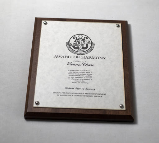 Plaque, Eleanor Chase, Award of Harmony - Plaque, Award