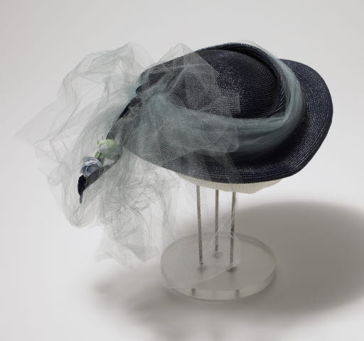 Navy Blue Straw and Net Hat - Hat, Straw